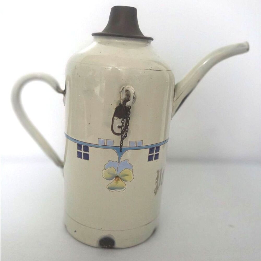 VINTAGE, Rare Watering Can 1920s. Pansy Flower on Enamel Pitcher/Petroleum Can